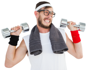 Geeky hipster lifting dumbbells in sportswear