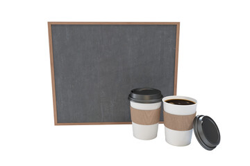 Composite image of disposable coffee cups and blackboard