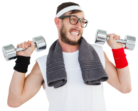Geeky hipster lifting dumbbells in sportswear - Powered by Adobe