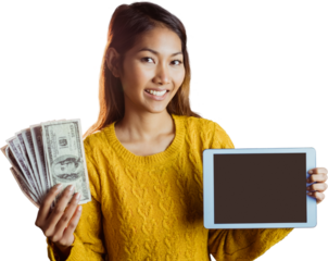 Smiling asian woman showing tablet and bank notes