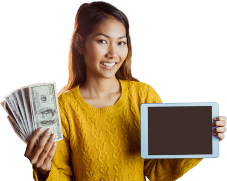 Smiling asian woman showing tablet and bank notes