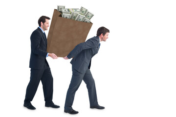 Businessmen carrying bag of dollars