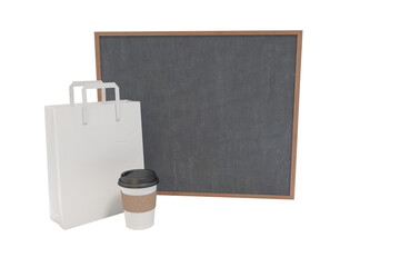 Composite image of disposable cup and parcel bag with blackboard