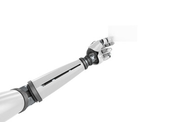 Computer graphic image of white robotic arm holding placard