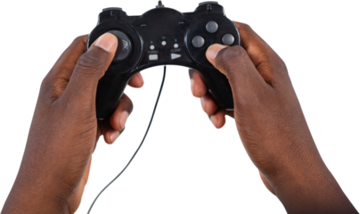 Hand of man playing video game against white background