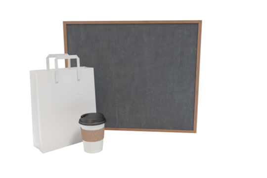 Composite image of disposable cup and parcel bag with blackboard - Powered by Adobe