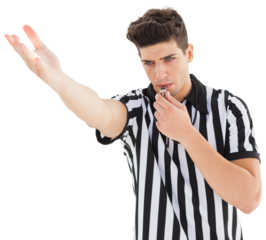 Referee showing gesture while blowing whistle