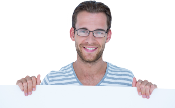 Portrait of smiling man holding billboard