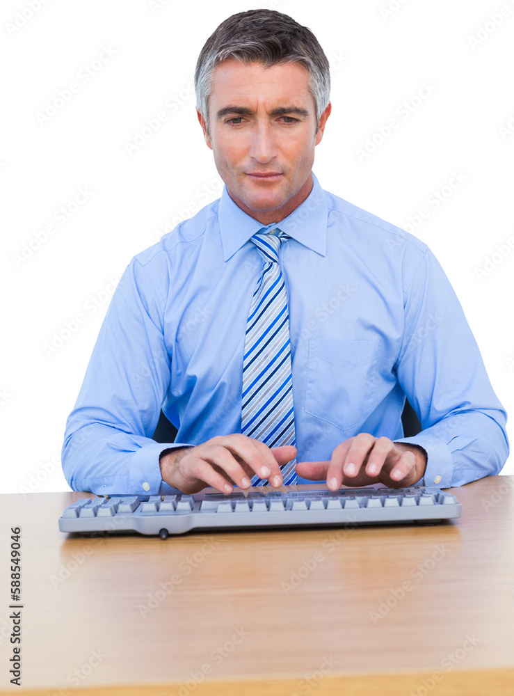 Poster handsome businessman typing on computer keyboard at desk