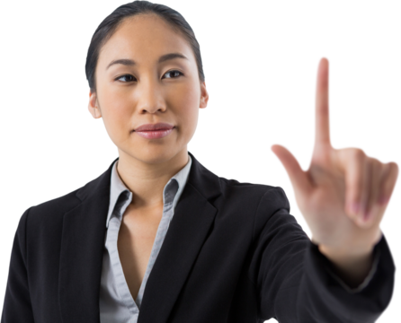 Businesswoman pressing an invisible virtual screen