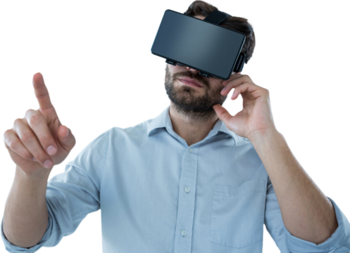 Man pointing while using oculus rift headset