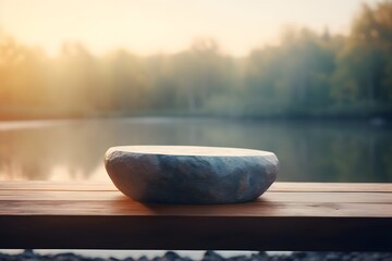 A peaceful atmosphere is reflected by the calm river and empty stone table that serves as a product display. Generative AI - obrazy, fototapety, plakaty