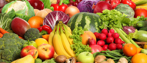 Fototapeta na wymiar Assortment of fresh vegetables and fruits as background, banner design