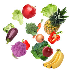 Many fresh vegetables and fruits falling on white background