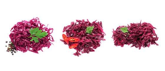 Collage with heaps of different tasty red sauerkraut on white background