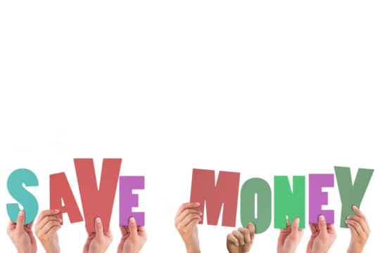 Colorful alphabet spelling save money held up by people  - Powered by Adobe