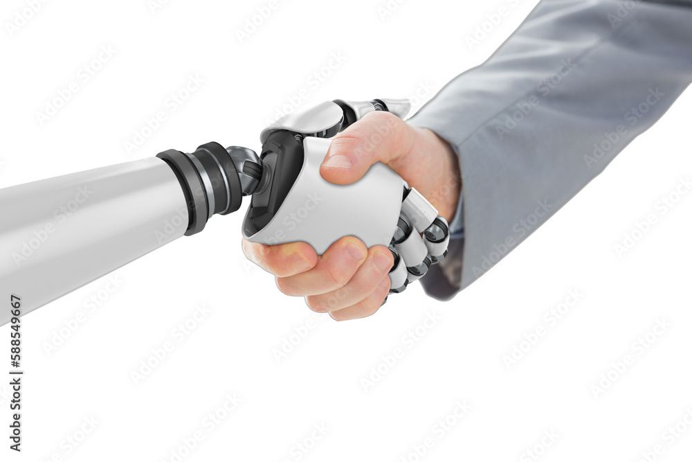 Poster digital composite image of robot and businessman shaking hands