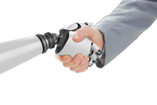 Digital composite image of robot and businessman shaking hands