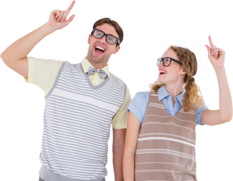 Happy geeky hipster couple pointing up