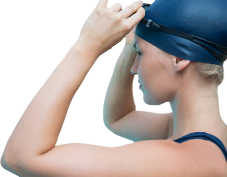 Side view of woman wearing blue swimming cap - Powered by Adobe