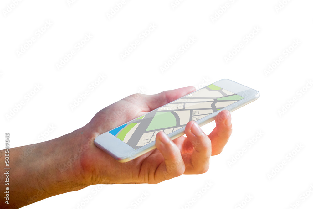 Poster man using map app on phone