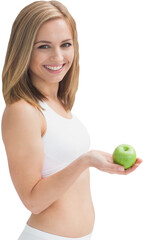 Portrait of happy young woman holding green apple