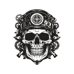 steampunk skull, logo concept black and white color, hand drawn illustration