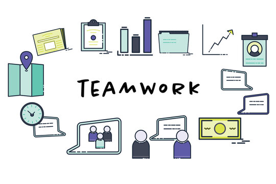 Teamwork text surrounded by various icons