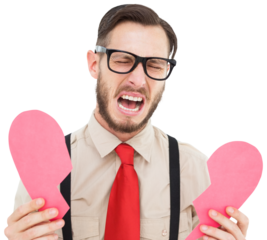 Geeky hipster crying and holding broken heart card