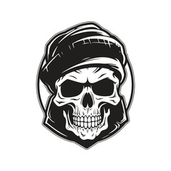 skull wearing bandana, logo concept black and white color, hand drawn illustration