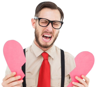 Geeky hipster crying and holding broken heart card - Powered by Adobe