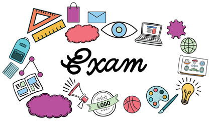 Exam text amidst various colorful vector icons