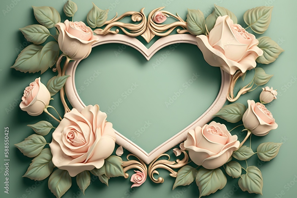 Poster view from above of a sweet heart-shaped rose frame generative ai