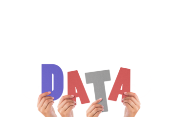 Colorful alphabet spelling data held up by people 