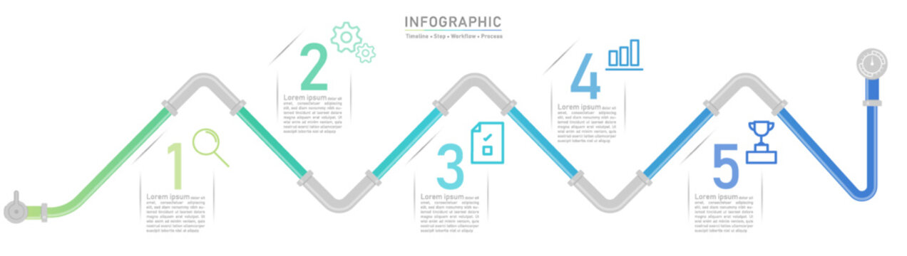 5 Pipe line business option infographic template. Minimal step workflow number icon element presentations. Timeline diagram object vector.