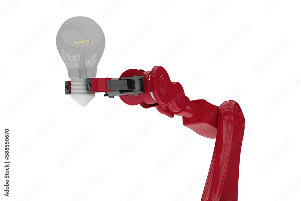 Poster digital composite image of red robotic arm holding filament