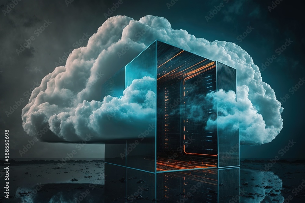 Poster in a futuristic light, cloud computing and digital file storage online generative ai