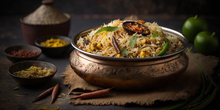 Basmati rice with lahsun fried rice or pulav with garlic and lahsun, accompanied by dal tadka and a melancholy, selective concentration. Generative AI