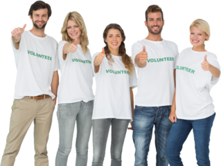 Group portrait of happy volunteers gesturing thumbs up