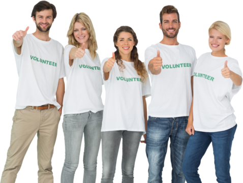 Group portrait of happy volunteers gesturing thumbs up
