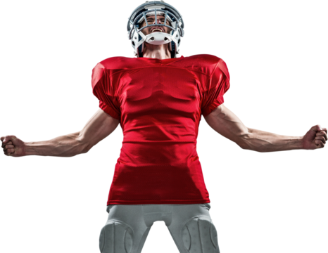 Aggressive American football player in red jersey screaming