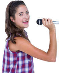 Portrait of attractive woman singing in microphone