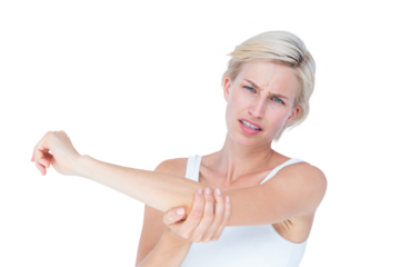 Pretty woman suffering from elbow pain 