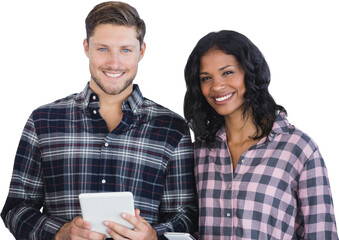 Portrait of smiling co-worker posing with digital tablet 