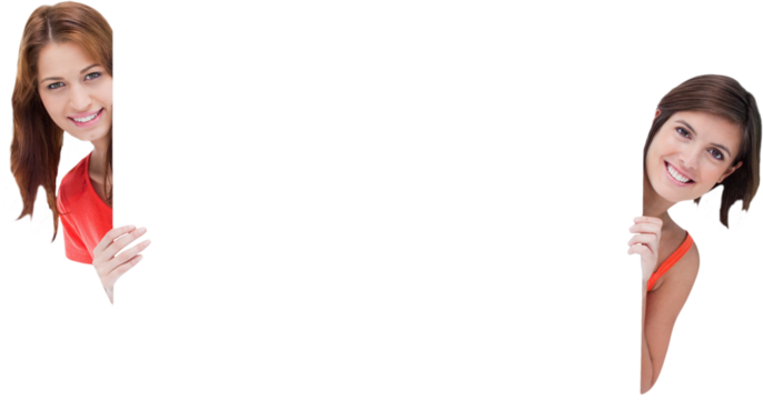 Teenage girls hiding behind a blank poster while showing their head from each side