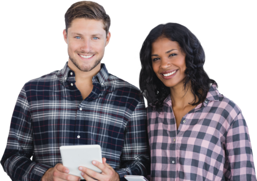 Portrait of smiling co-worker posing with digital tablet 