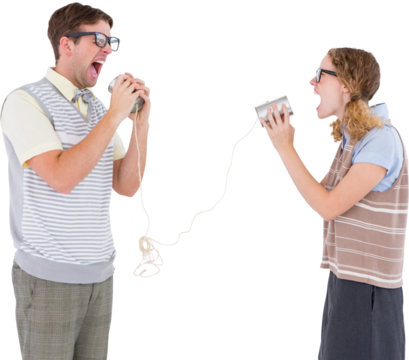 Geeky hipster couple speaking with tin can phone 