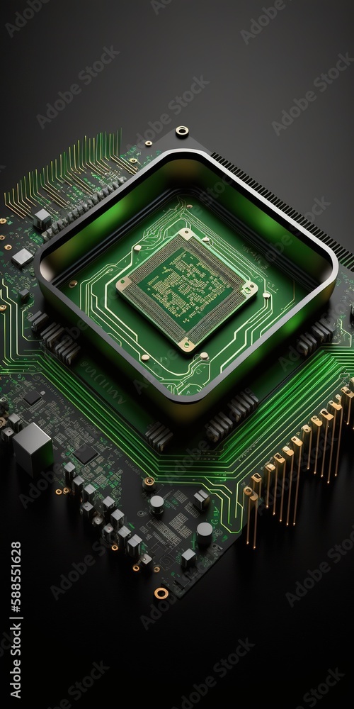Poster computer logic circuit wires, a green motherboard, and a cpu. generative ai