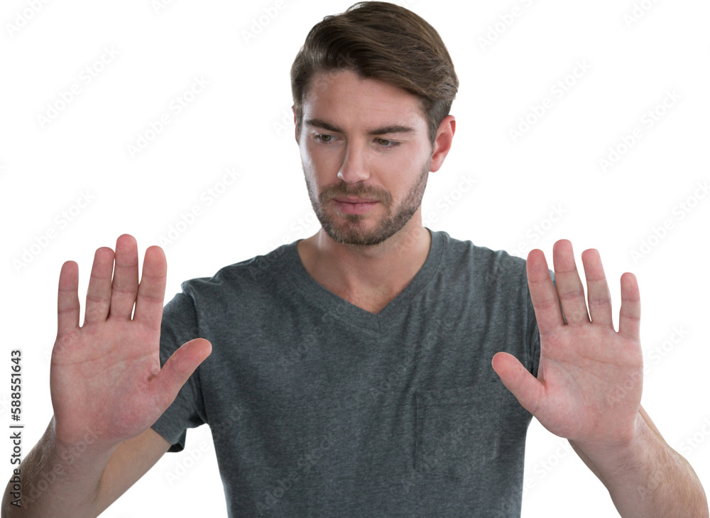 Poster man pretending to touch an invisible screen