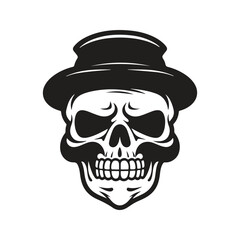skull with moustache, logo concept black and white color, hand drawn illustration